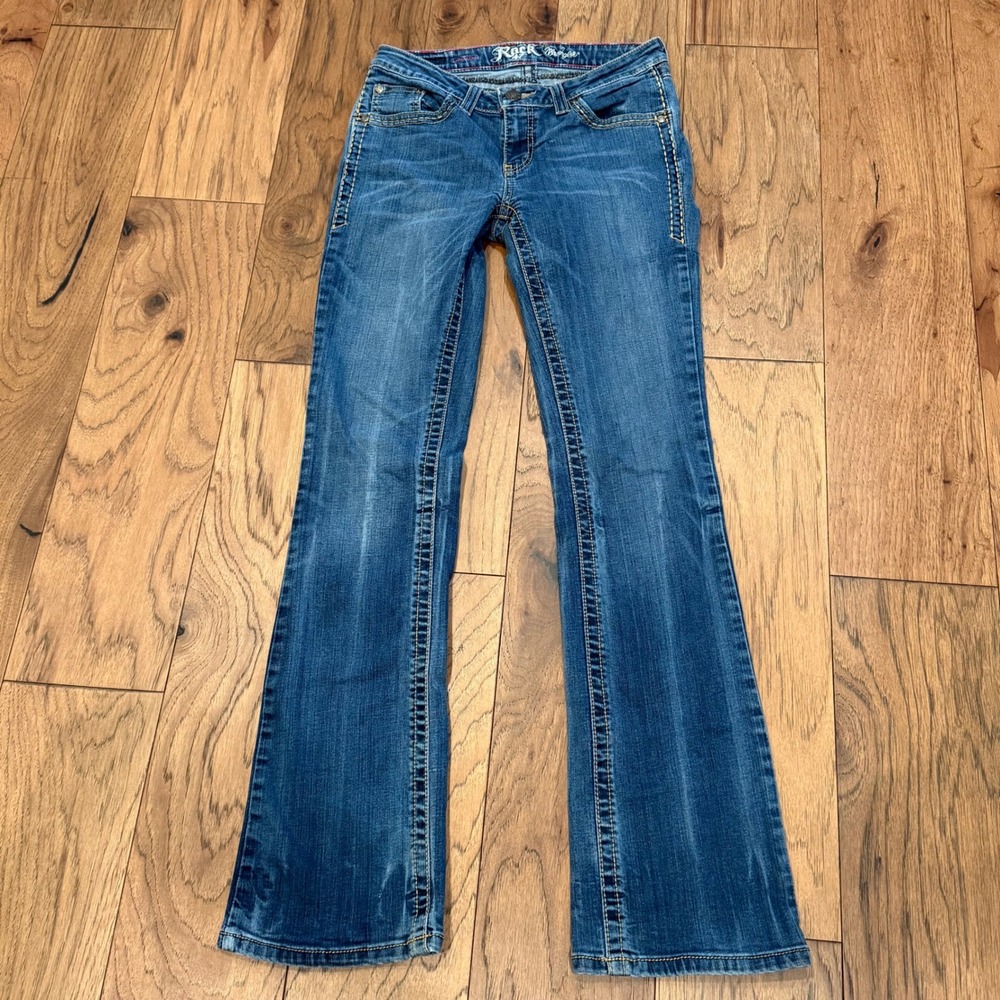 Wrangler Rock 47  Women's Low Rise Flare Jeans‎ Embellished Pockets Size 28